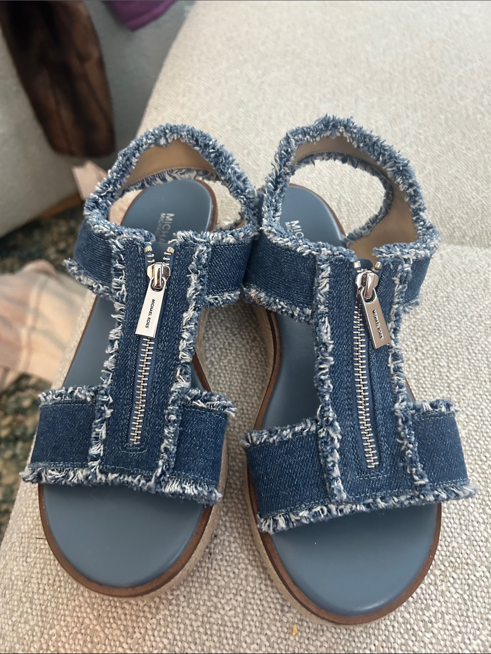 Michael Kors Frayed Denim T-Strap Sandals in Blue Current stock at Macy’s